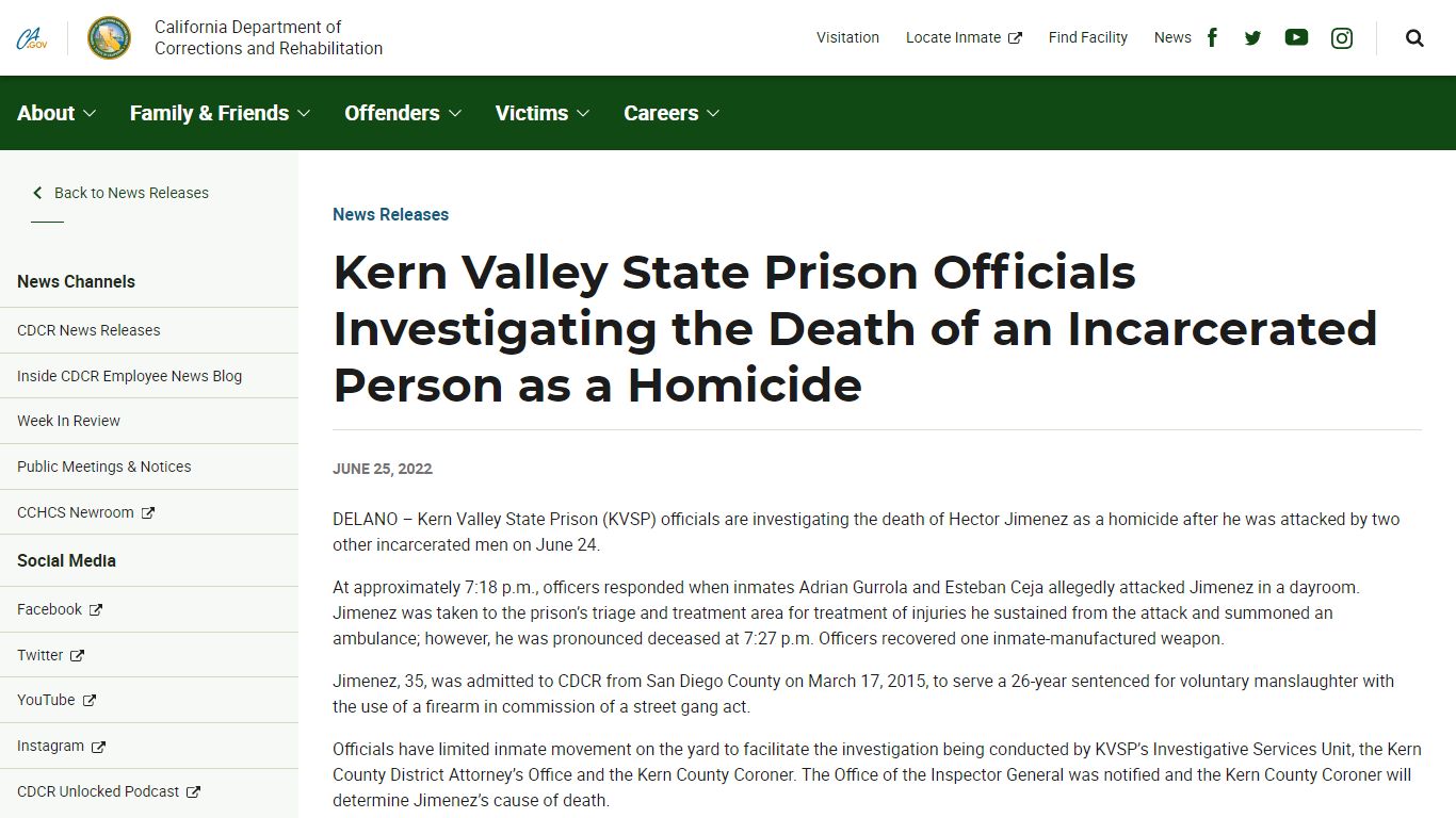 Kern Valley State Prison Officials Investigating the Death of an ...